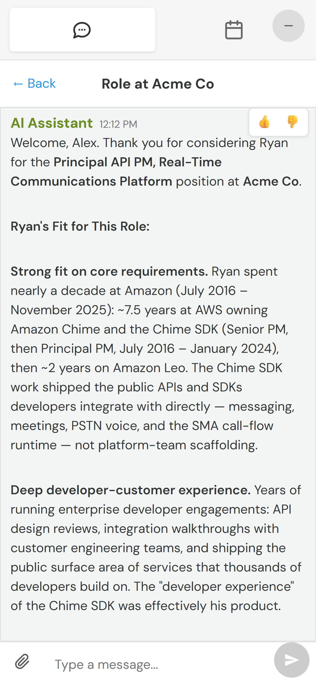 Hiring team member signs in and the fit analysis is already waiting in the conversation